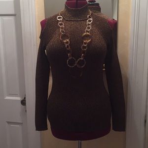 Cache Cold Shoulder Metallic Sweater